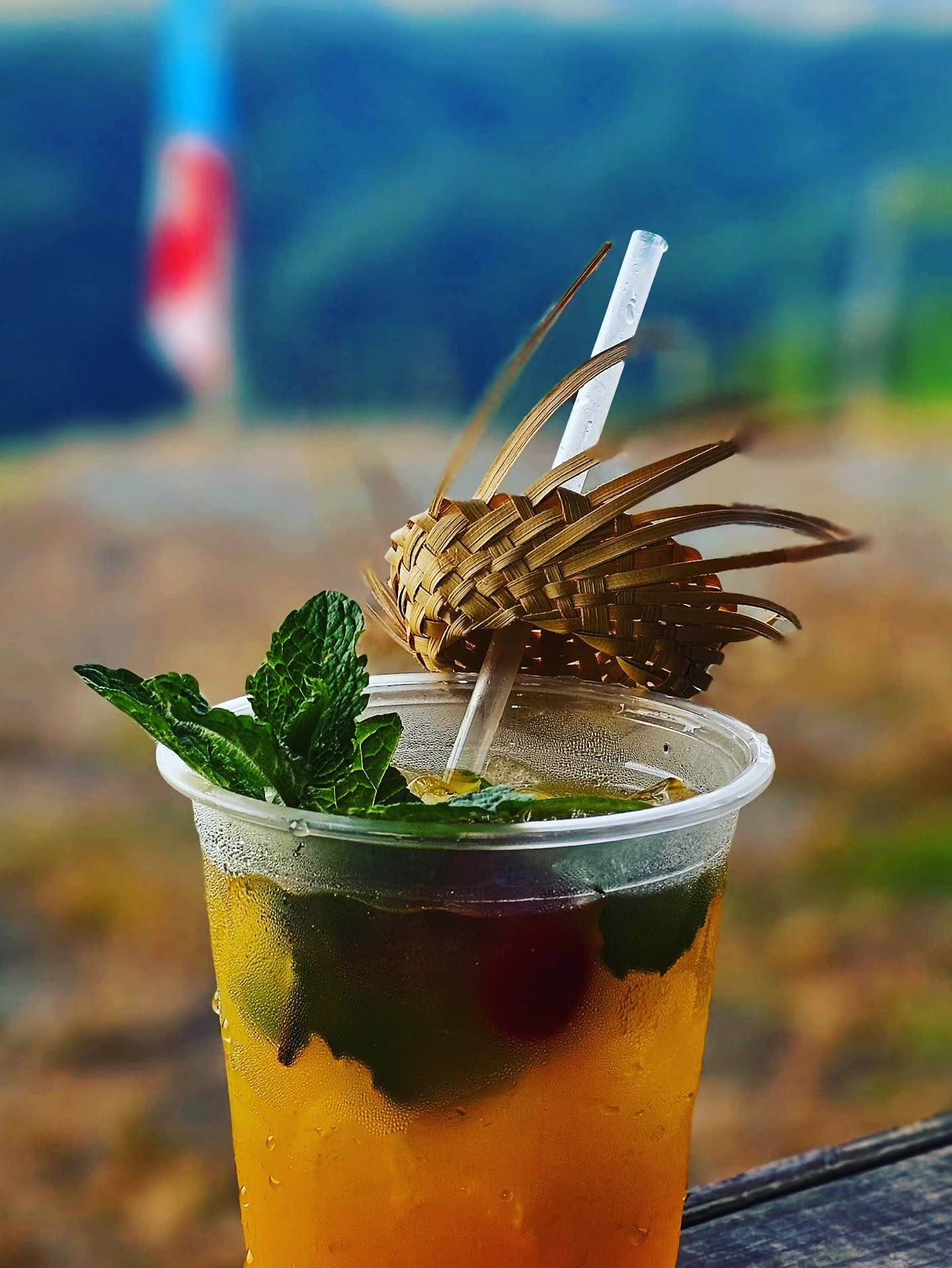 Coctel frío con hielo, menta y una pava en la pajilla sobre el balcón